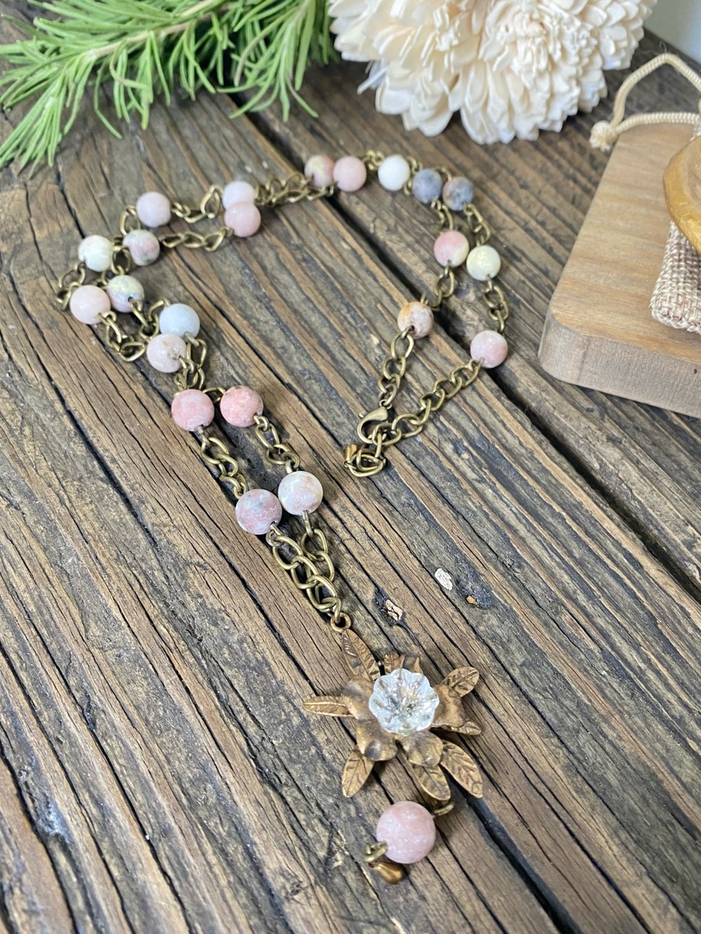 Natural Stone Chain Link Necklace with Glass Lotus Flower, 30”